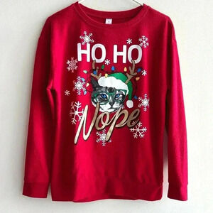 Ho Ho Nope Cat Ugly Christmas Sweater, Red Holiday Sweater, Glitter, Size Med